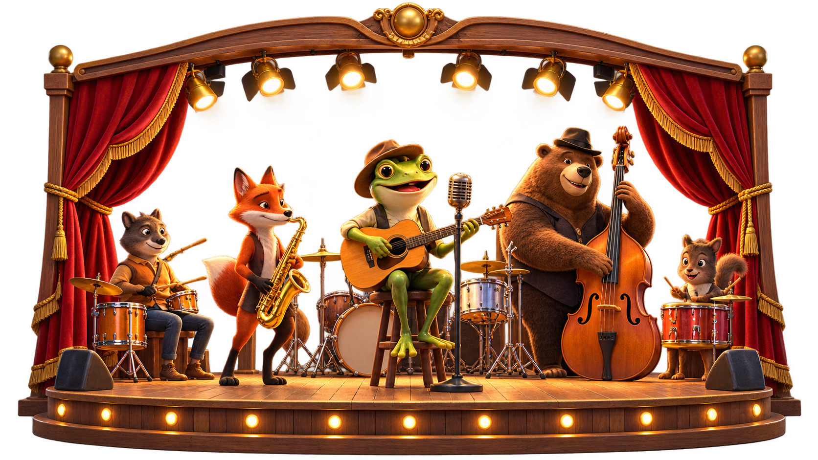 Palco com cortinas vermelhas e iluminação dourada. Sapo, raposa, urso e outros animais formam uma banda.